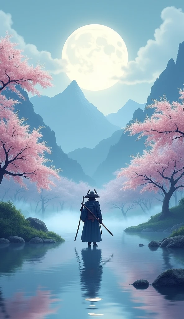 Create a serene and peaceful wallpaper for a MacBook featuring a lone samurai standing in a tranquil Japanese landscape. The scene should include a calm river reflecting the full moon, cherry blossom trees gently swaying in the breeze, and mist-covered mountains in the background. The samurai, dressed in traditional armor with a katana at his side, should have a calm and meditative expression, standing still as if in harmony with nature. The color palette should be soft and soothing, with a focus on cool blues, gentle pinks, and subtle whites.