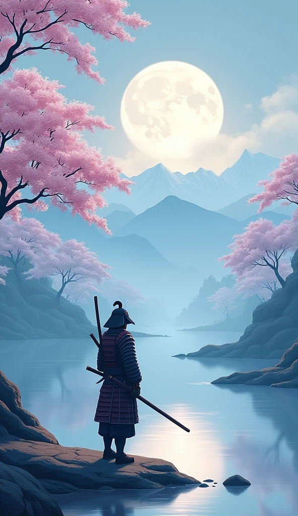 Create a serene and peaceful wallpaper for a MacBook featuring a lone samurai standing in a tranquil Japanese landscape. The scene should include a calm river reflecting the full moon, cherry blossom trees gently swaying in the breeze, and mist-covered mountains in the background. The samurai, dressed in traditional armor with a katana at his side, should have a calm and meditative expression, standing still as if in harmony with nature. The color palette should be soft and soothing, with a focus on cool blues, gentle pinks, and subtle whites.