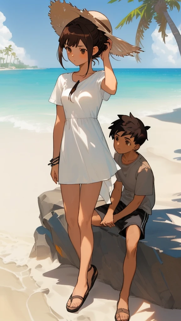 (((couple))), ((hetero couple))
sitting on the sand, ((1boy, brown eyes, black hair, spike hair, white t-shirt, black shorts bermuda))
sitting on a rock, ((1girl, brown eyes, brown hair, hair up, summer hat, small breasts, white dress)), beach sand, sea, waves, clouds, seagulls, sunny day, palm trees