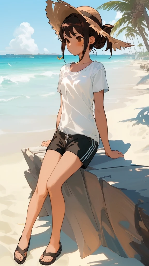 (((couple))), ((hetero couple))
sitting on the sand, ((1boy, brown eyes, black hair, spike hair, white t-shirt, black shorts bermuda))
sitting on a rock, ((1girl, brown eyes, brown hair, hair up, summer hat, small breasts, white dress)), beach sand, sea, waves, clouds, seagulls, sunny day, palm trees
