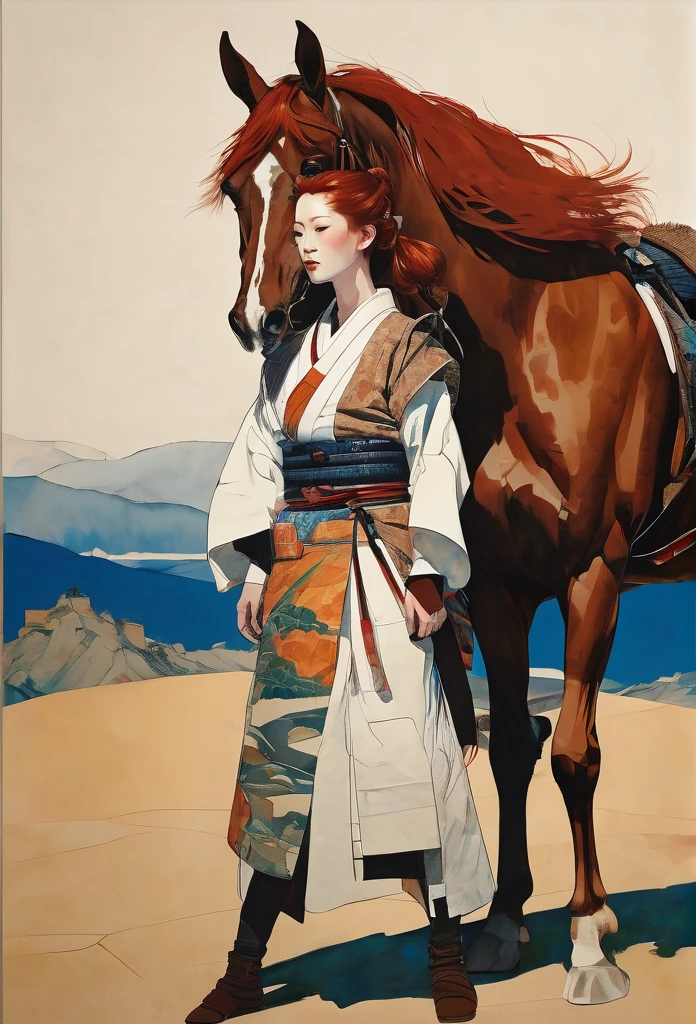 Full body, redhead Japanese female Samurai with horse, slim young, sensual warm dreams, minimalism, Vogue poster style, young slim, hug saint horse, high quality, surreal, long perfect legs,by Egon Schiele style.  concept high details --ar 9:16 --sref 21458 35761 --personalize ahxd93i --stylize 300 --v 6.1