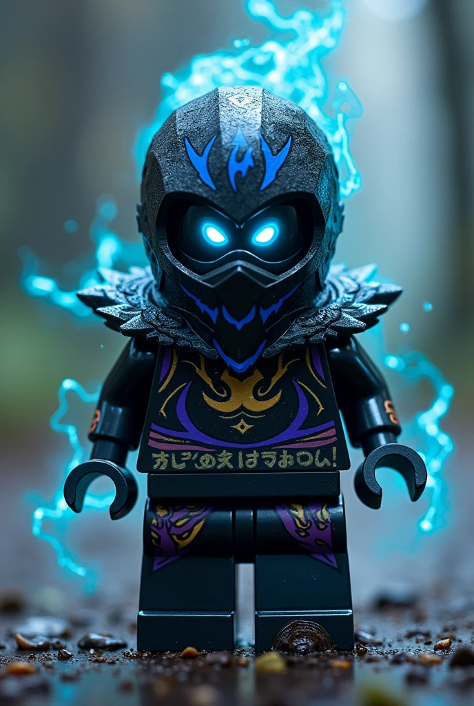 Créer moi un lego ninja go futuriste a moitié fantôme et ninja maléfique avec un masque de couleur noir et bleu sur la tête avec une peau NOIR et des traces d’électricité jaune et bleu foncé et un regard terrible sombre avec des yeux en bleu brillant avec une puissance incroyable avec comme puissance élémentaire l’électrique, l’énergie, la terre, le feu, la glace. Les habits du ninja doit être en noir, bleu et violet avec des reure en forme d’électricité vert et bleu clair et des écritures japonaise sacré en or. Un ninja imbattable monstrueux beaucoup trop puissant qui contrôle tout les pouvoirs élémentaire. Le ninja fantôme doit être destructeur et exceptionnel 