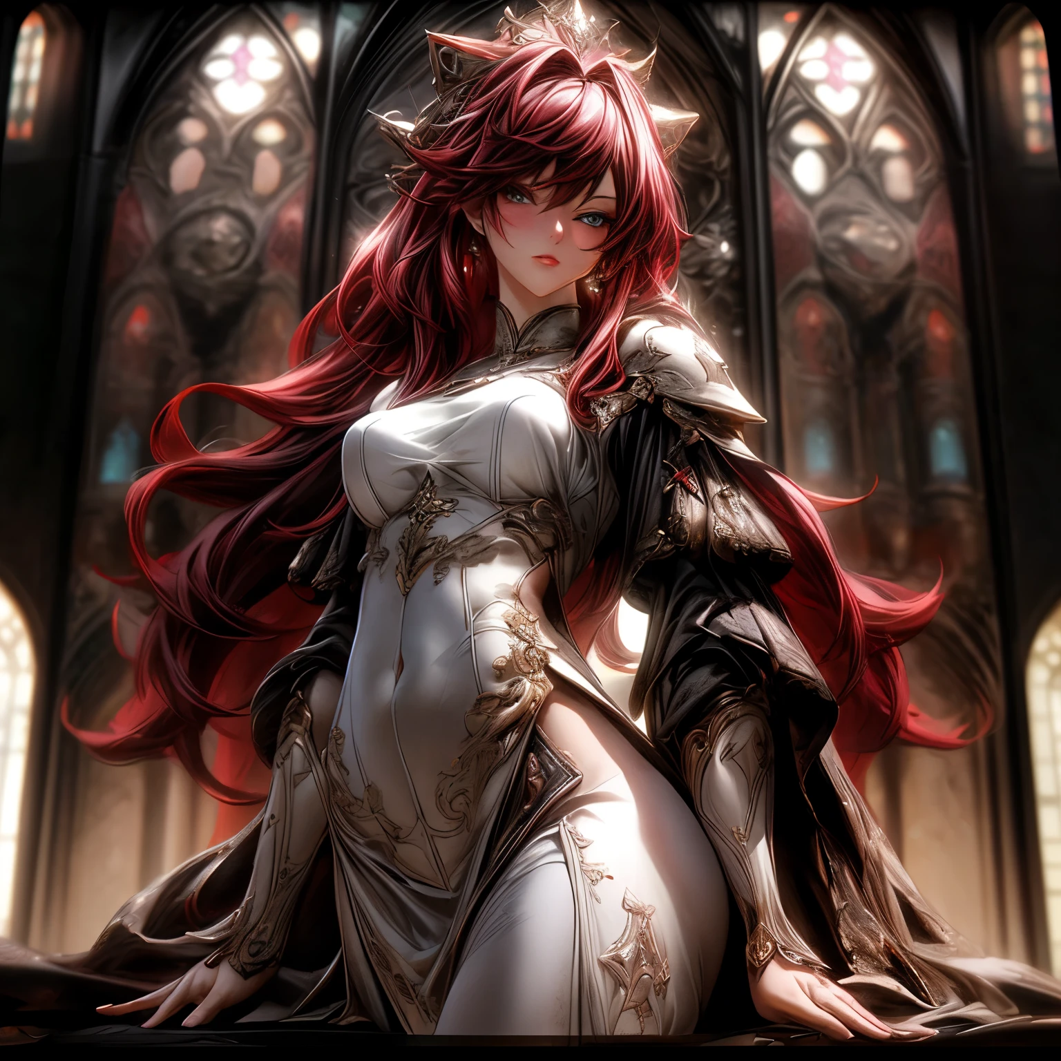 (best quality)), ((Masterpiece)), (details:1.4), 3d, HDR (high dynamic range), an image of a beautiful cyberpunk female, fantasy, Medieval, Red hair, long hair, Golden eyes, จมูกโด่ง, Hips up, ปากแดง, หน้าอกใหญ่, nvidia RTX, PBR surface, After processing, Anisotropic filtration,depth of field, Maximum clarity and clarity, multi-layered surface, Subsurface scattering, perfect proportions, 8K raw files, ultra detailed, Perfect proportions, volumetric lighting, soft lighting, Holy Paladin, Heavy Black Armor, glossy skin, intricate silver embroidery, gorgeous, chapel background, jewely, ต่างหู, นิ้วมือสมบูรณ์,