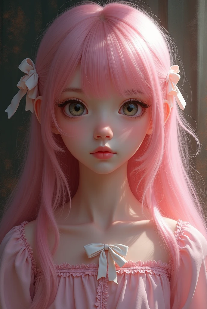 girl with long pink hair and white bangs,wearing a pink shirt with white ribbon,beautiful detailed eyes,beautiful detailed lips,extremely detailed face and portrait,1girl,oil painting,detailed background,dramatic lighting,warm color palette,cinematic composition,fantasy,masterpiece,(best quality,4k,8k,highres,masterpiece:1.2),ultra-detailed,(realistic,photorealistic,photo-realistic:1.37)