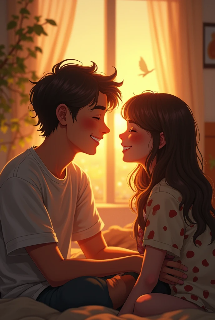 A introvert boy laugh and his girl friend see his face and view is early morning
