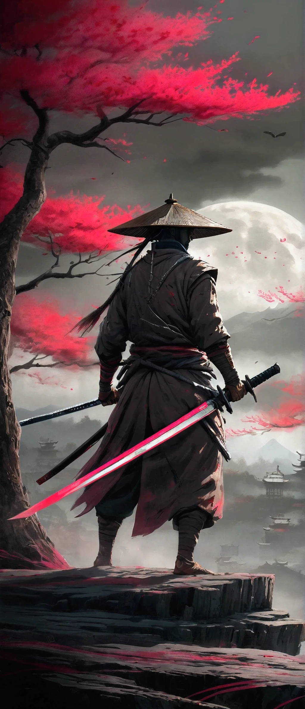 a painting of a man with a sword and a red sun, sekiro in bloodborne world, sekiro, inspired by Kanō Hōgai, feudal japan art, ghost of tsushima, traditional japanese concept art, inspired by Edo Murtić, ronin, inspired by Ma Shi, sekiro mountain, samurai style, benedick bana