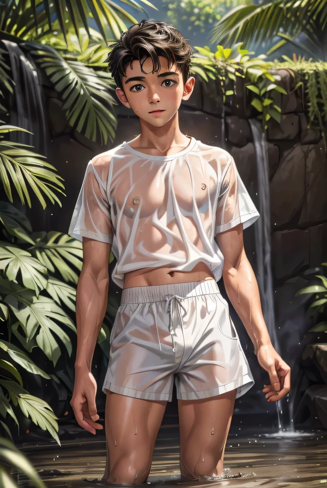 (Highest quality, masterpiece, 4K, photograph, Fine:1.4), (Very handsome young boy in soaked white short nylon shorts:1.3), garden, short stature, squirt, tomboy, A soaked white short-sleeved T-shirt and white short nylon shorts, Covering the crotch with both arms, Very handsome, His wet white nylon shorts are transparent and his underwear is clearly visible, White clothes that are wet and see-through, Footage from the knee up
