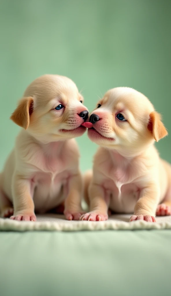 Two adorable newborn puppies lick each other's lips, showing off their tiny features and soft fur with warm natural light that illuminates their innocent expressions.   The background is light green, creating a cozy and intimate view.