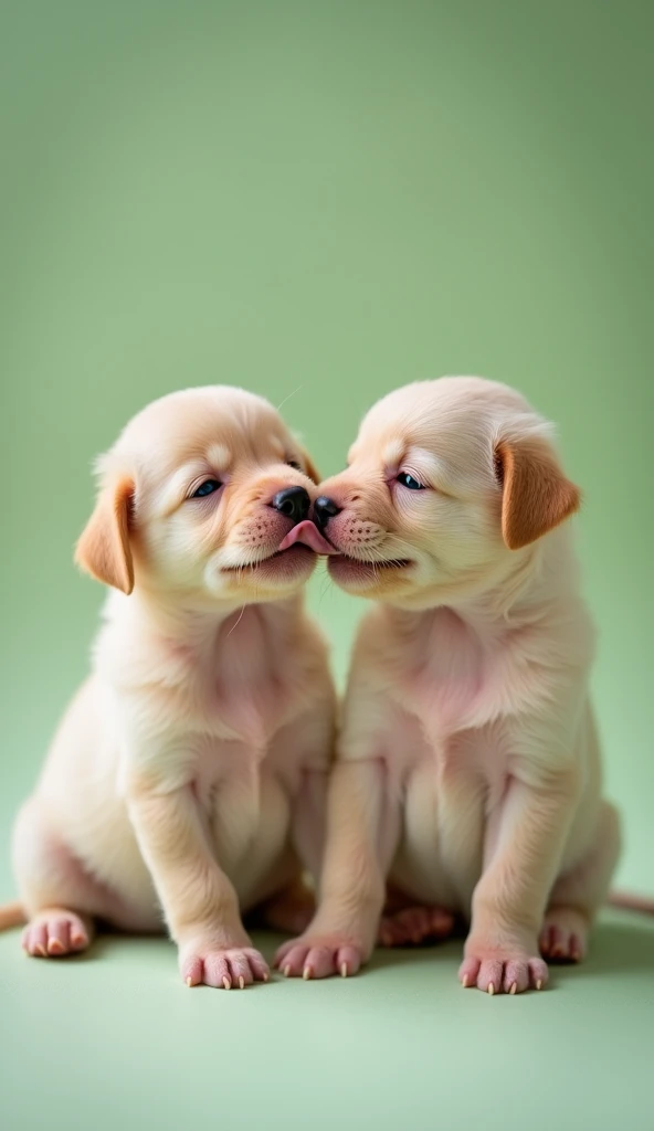 Two adorable newborn puppies lick each other's lips, showing off their tiny features and soft fur with warm natural light that illuminates their innocent expressions. The background is light green, creating a cozy and intimate view.