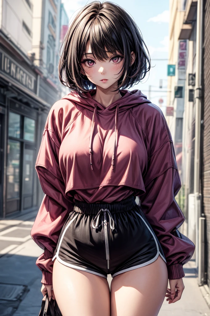 ((Sketch)), ((Watercolor)), ((best quality)), ((masterpiece)), (detailed), 4k image, anime style, beautiful young girl, tanned white skin, oval shaped face, cherry pink lips, big round velvet colored eyes, C-cup breasts, slender and thin body, full oversized hoodie reaching thighs(one color), waist band shorts, Sleek dark violet purple-black hair in a Pixie cut hairstyle, small narrow waist, small but full curvy hips, height of about 170cm