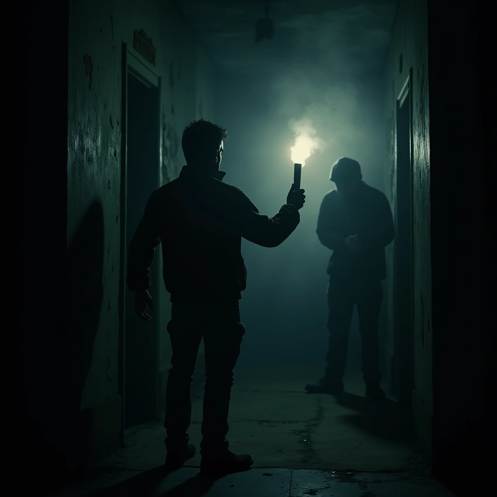 The documentary crew is camped inside an old house. Darkness surrounds them and only the light of a torch shines on their faces. Suddenly a shadowy figure appears beside them and a mist fills the empty room.