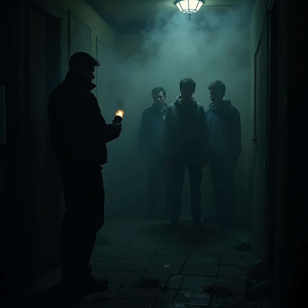 The documentary crew is camped inside an old house. Darkness surrounds them and only the light of a torch shines on their faces. Suddenly a shadowy figure appears beside them and a mist fills the empty room.