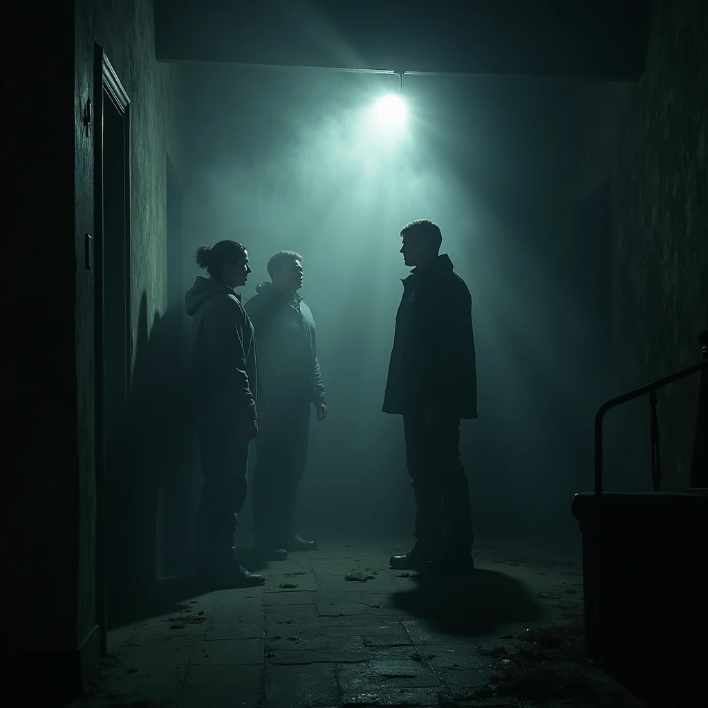 The documentary crew is camped inside an old house. Darkness surrounds them and only the light of a torch shines on their faces. Suddenly a shadowy figure appears beside them and a mist fills the empty room.