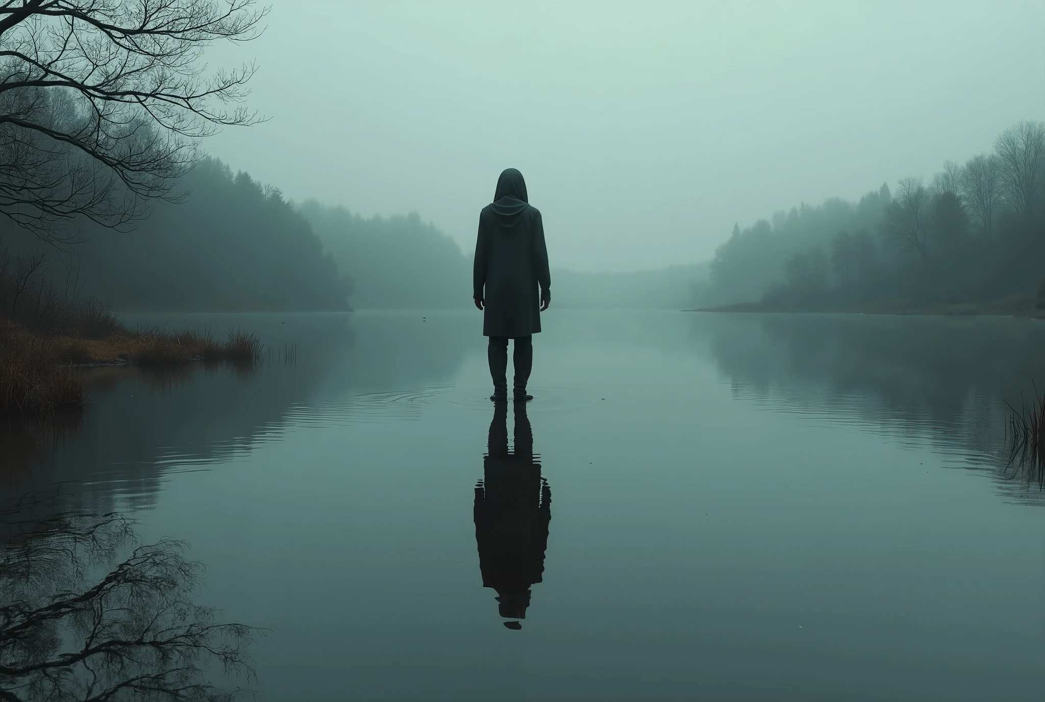 (photorealistic scene:1.2), a mirror in a lake reflecting pain