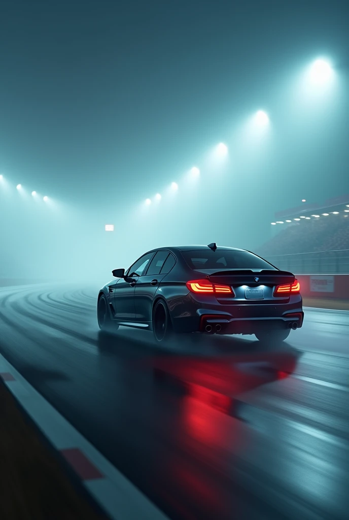 Bmw m5 on racing track in night and the fog covering the car