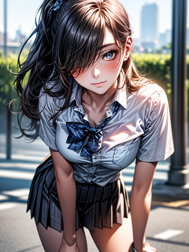 (SFW:1.5) ,Ultra high definition, High detail, Textured skin, retina, High resolution,
(masterpiece:1.2, top-quality), (realistic, photorealistic:1.4), beautiful illustration,
looking at viewer, full body, front view:0.6,
1 girl, japanese, high school girl, (long hair:1.5), blown hair, (side ponytail), hair over one eye, large breasts:0.8,
beautiful hair, beautiful face, beautiful detailed eyes, beautiful clavicle, beautiful body, beautiful chest, beautiful thigh, beautiful legs, beautiful fingers,
(beautiful scenery), School zone
((collared short sleeve shirt, white shirt, , grey plaid pleated skirt, blue plaid bow tie)), open chest shirt、The bra is visible、
(Are standing、slouch, grab the hem of the skirt, hands on chest, hand between leglush,(Leaning forward:1.5)(Portrait Angle)