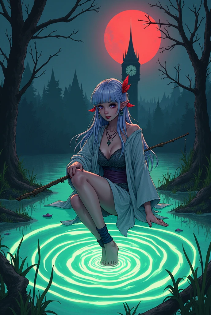 (Ultra-detailed face, looking away, Fantasy Illustration with Gothic, Ukiyo-e, Comic Art, Rich colors),
BREAK
(A female dark elf sorceress floats in the center of concentric glowing ripples painted on the surface of a green, miasma-infested swamp, holding a small willow branch fishing rod and casting a line into the swamp.),
BREAK
(This is a swamp where the surface of the water glows green in the midnight phosphorus light, waterweeds grow in the area, and the silhouette of a clock tower can be seen in the distance, illuminated by the red moon.),
BREAK
(DarkElves: A young-aged female dark elf wizard has long, messy silver hair, blunt bangs, dark purple skin, and lavender eyes.),
BREAK
(DarkElves: A female dark elf sorceress wears a red bird's feather hair ornament and earrings, and a short, lacy gray linen robe. She wears ribbons around the ankles of her bare feet.)