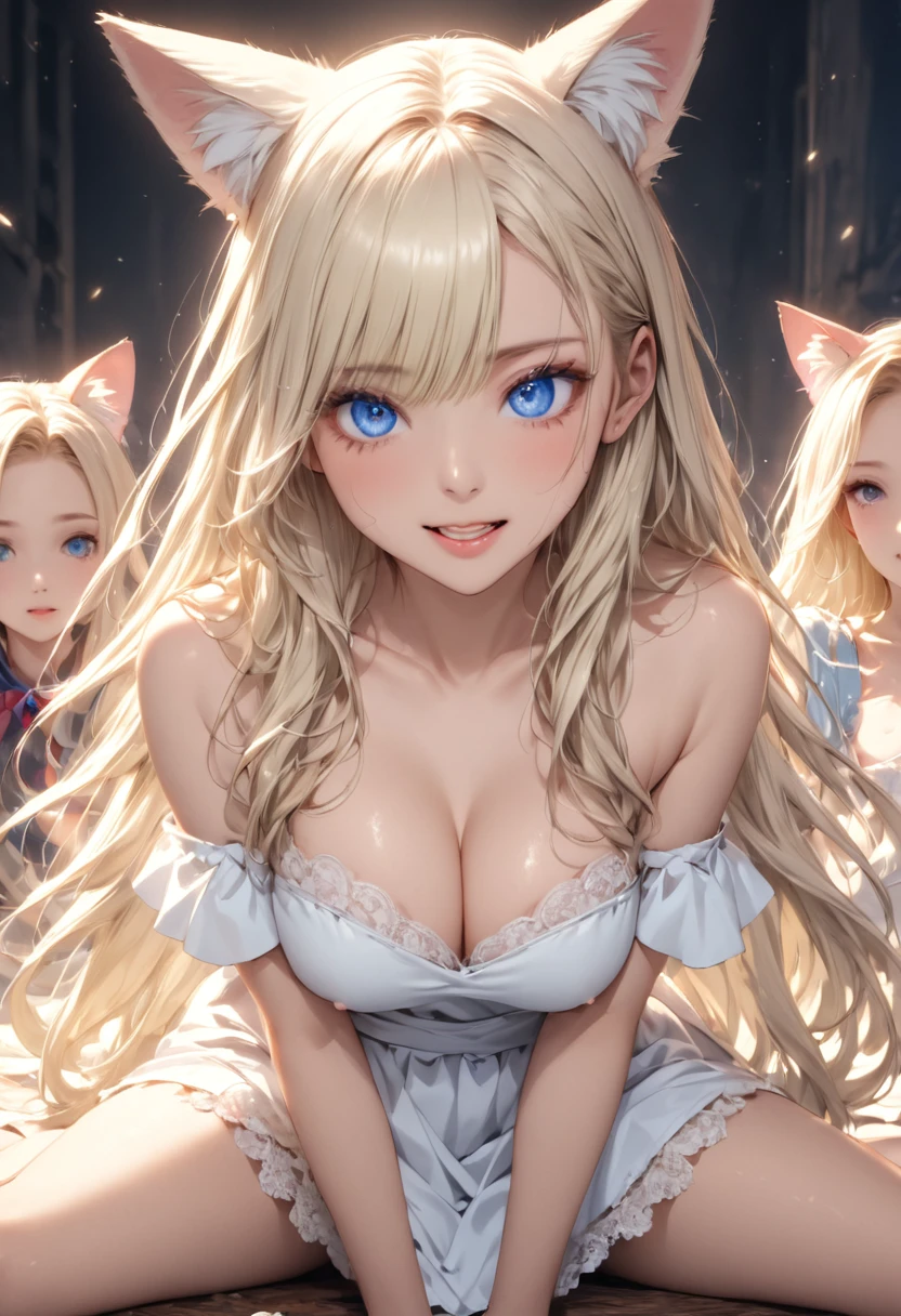 bright expression、photorealisim、top-quality、超A high resolution、a picture、A picture of exquisite beauty, born in Scandinavia、Extraordinary beautiful girl、Detailed cute and beautiful face、(pureerosface_v1:0.008)、Beautiful bangs、alice in the wonderland、18year old、Glowing white shiny skin、Flow of hair that extends to the face、Bangs between the eyes、Super long hair、Attractive light and dark platinum blonde super long straight silky hainer hair、Attractive glowing beautiful bright clear light blue big eyes、White Apron、Yellow dress、eye liner、Double eyelids、Lush bust、2 girls in、Cat's ears、great laughter、a short skirt、White lace underskirt、Pink panty、nsfw、Leg spread、Sweaty、sitting、Low - Angle、Masturbation