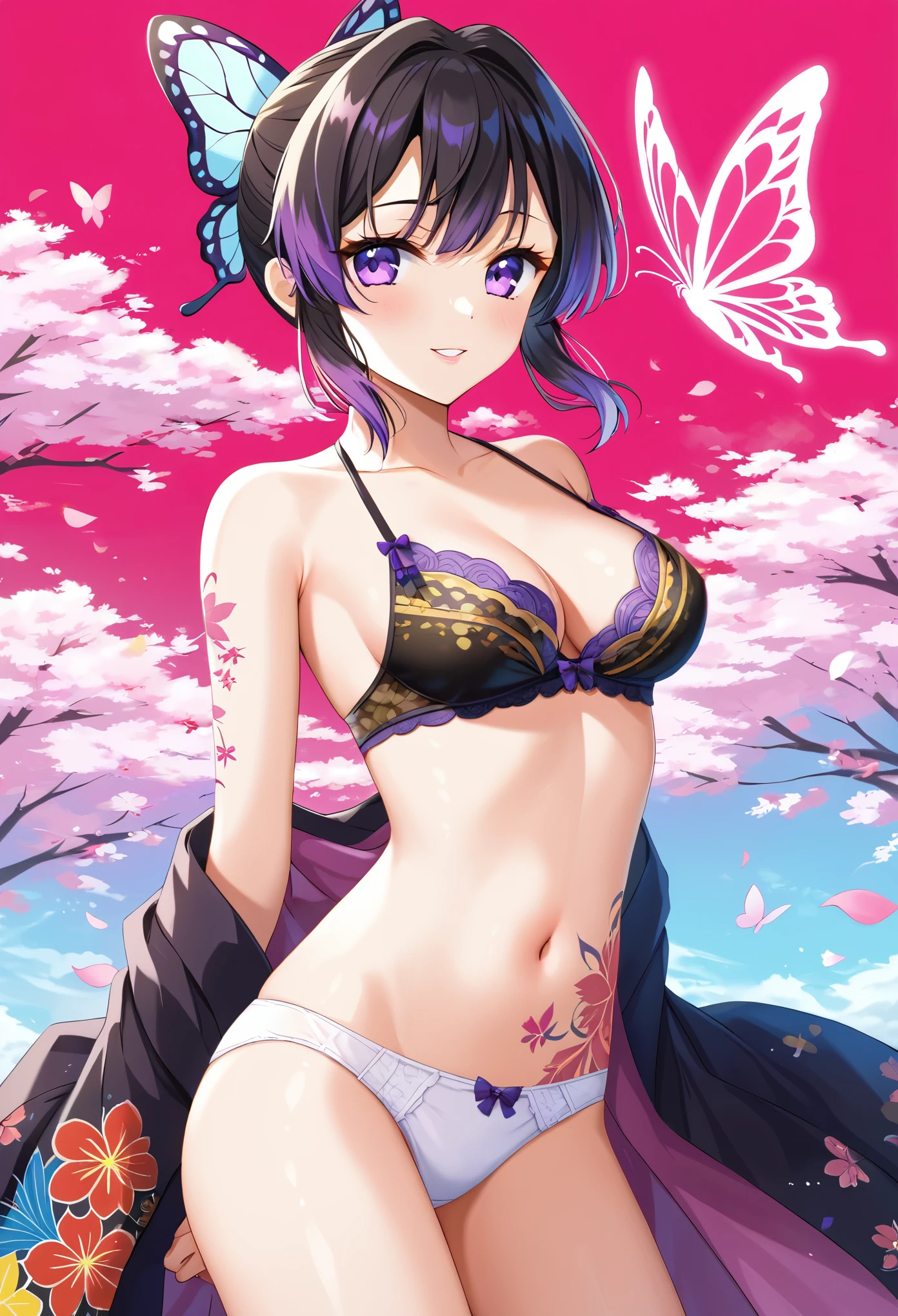 A mesmerizing surreal illustration of a young japanese woman resembling Shinobu Kouchou. She has black hair, purple eyes, a butterfly hair ornament, and wears a vibrant pastel colored outfit adorned with intricate floral patterns. She has a smooth, warm complexion, and bold, colorful tattoos cover her arms and legs. The tattoos feature traditional Japanese motifs like flowers and mythical creatures, rendered with meticulous detail in a pastel color palette. The background is a vintage floral-patterned wallpaper that complements the artwork's colors. The line work is precise, with delicate shading that gives the illustration a 3D quality. The artwork fuses modern illustration techniques with traditional Japanese aesthetics, resulting in a visually striking, portrait, Shinobu_Kocho, butterfly_hairpiece, multicolored_hair, purple_hair, black_hair, medium breasts, slender, arms behind back, white panties, 
