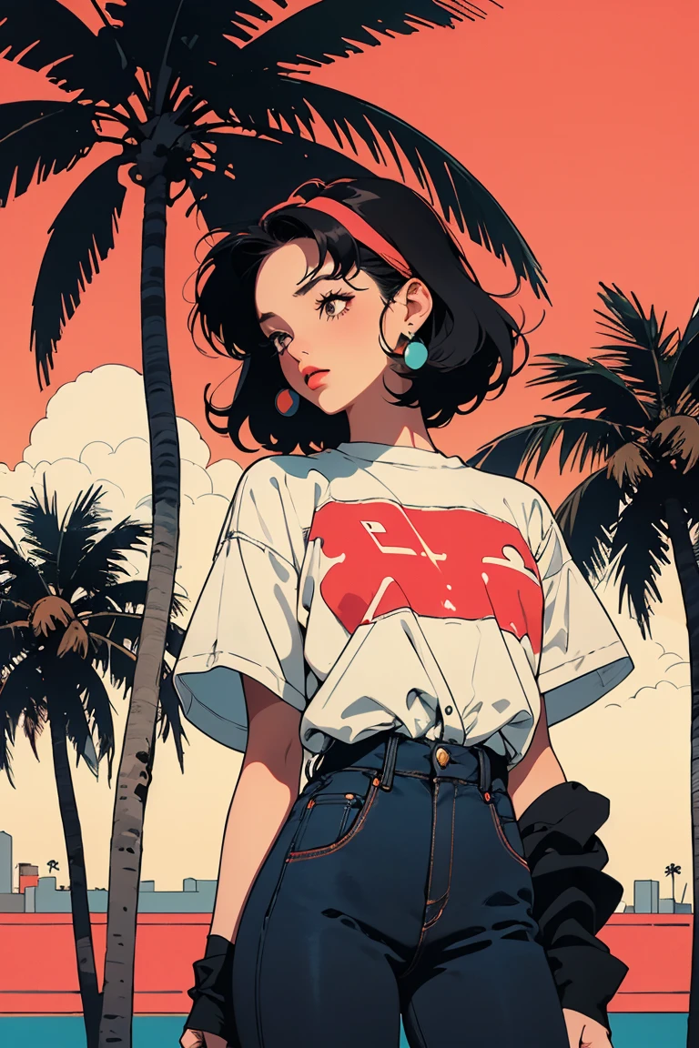 retro girl, Miami, sunset, Ferrari, palm tree, 90's, (flat colors, flat texture, lineart:1.2), graphical design, (heavy ink, ink blacks),