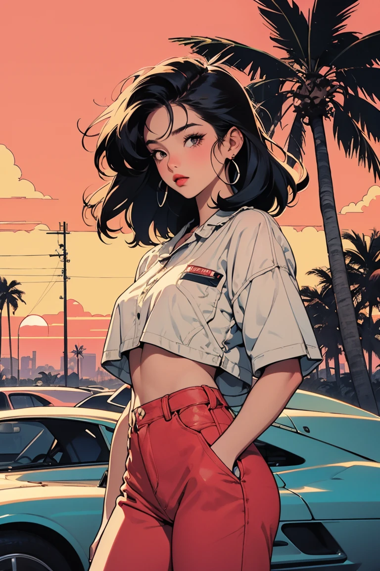 retro girl, Miami, sunset, Ferrari, palm tree, 90's, (flat colors, flat texture, lineart:1.2), graphical design, (heavy ink, ink blacks), 
