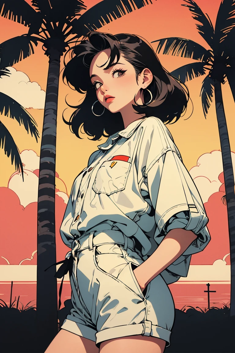 retro girl, Miami, sunset, Ferrari, palm tree, 90's, (flat colors, flat texture, lineart:1.2), graphical design, (heavy ink, ink blacks), 

