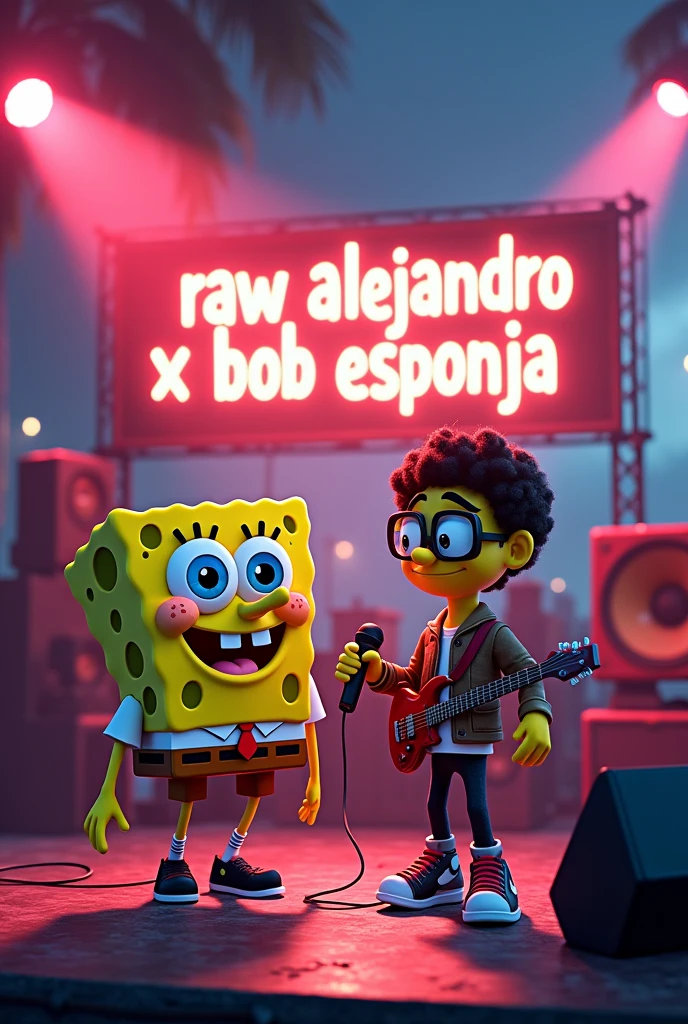 Create SpongeBob in an animated way on a stage with an urban music singer, with a sign that says "RAW ALEJANDRO X BOB ESPONJA"