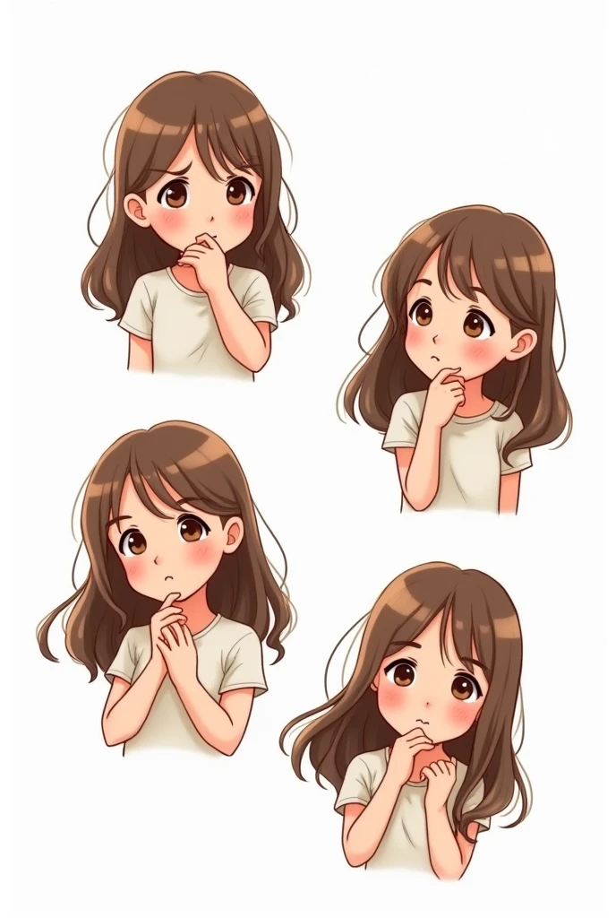 Kizi, about 10 years, multiple positions, hand on chin showing doubt, brown hair and eyes, hair falling to shoulder height, centralizing your doubt. white background. drawing style, filled line art, 2d.