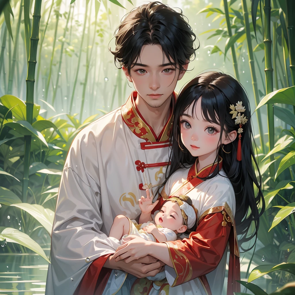 A one-year-old baby boy in an ancient Chinese baby costume with his beautiful mother, dressed in an white ancient Chinese costume, playing with each other, with his handsome father standing next to his mother, close up.
The back is a lush green bamboo forest. The air after rain has water droplets splashing around.
