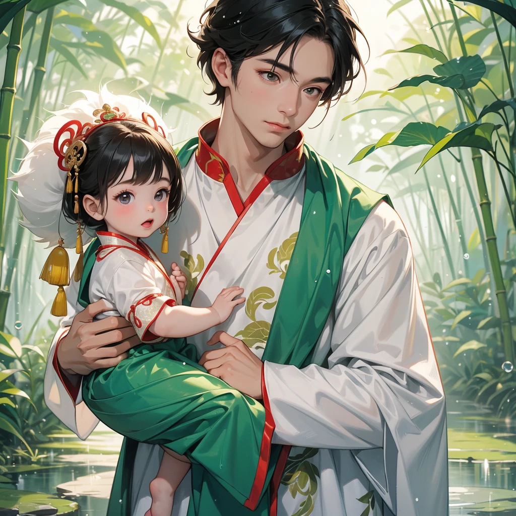 A one-year-old baby boy in an ancient Chinese baby costume with his beautiful mother, dressed in an white ancient Chinese costume, playing with each other, with his handsome father standing next to his mother, close up.

The back is a lush green bamboo forest. The air after rain has water droplets splashing around.