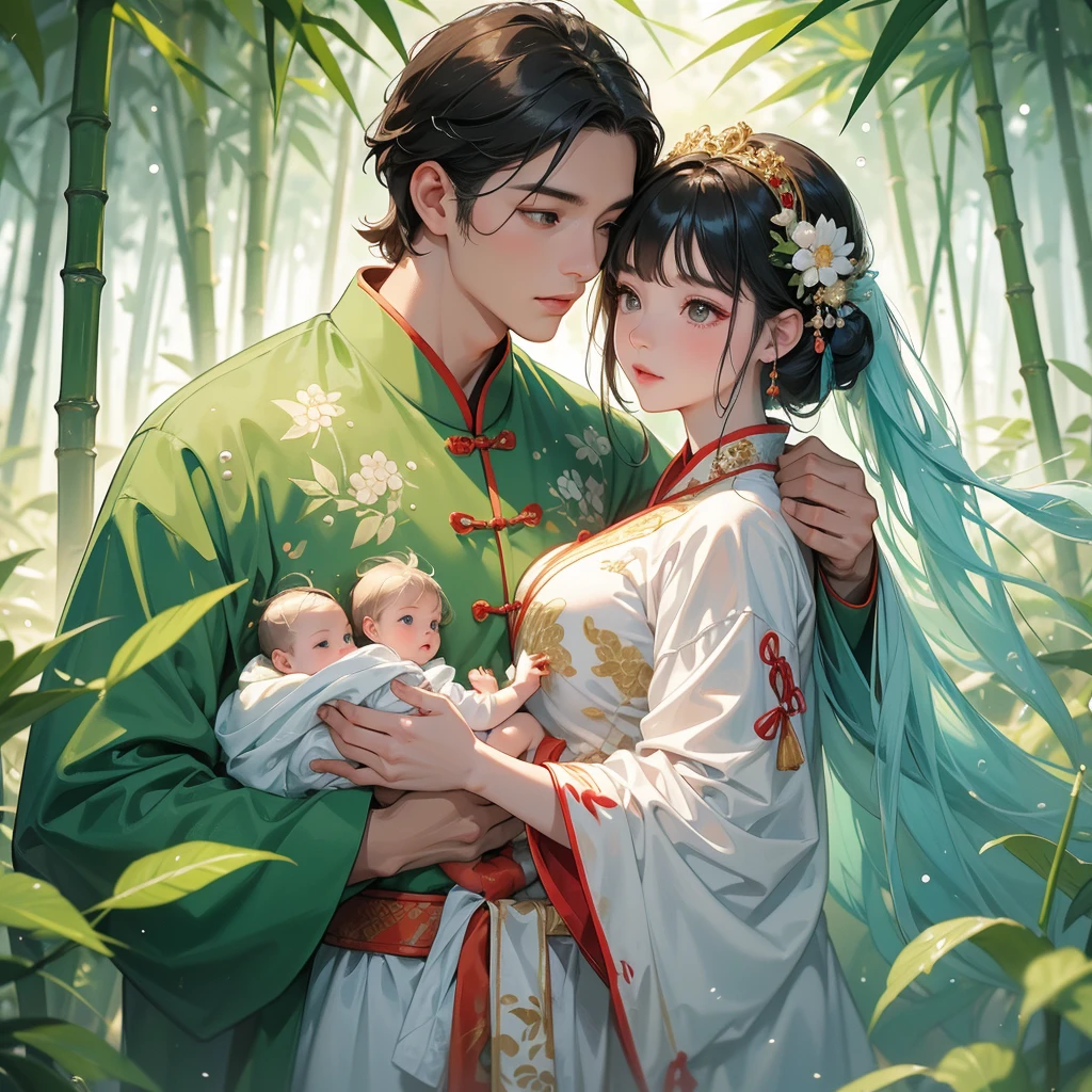 A one-year-old baby boy in an ancient Chinese baby costume with his beautiful mother, dressed in an white ancient Chinese costume, playing with each other, with his handsome father standing next to his mother, close up.
The back is a lush green bamboo forest. The air after rain has water droplets splashing around.