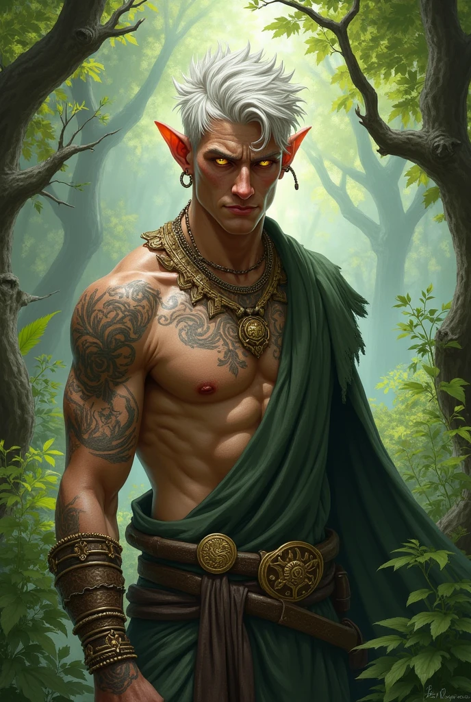 Create a male half-elf druid character, with white hair and golden eyes, on your skin the marks of the elements of nature.
Leave your hair shorter and wavier, less serious and slightly uglier face