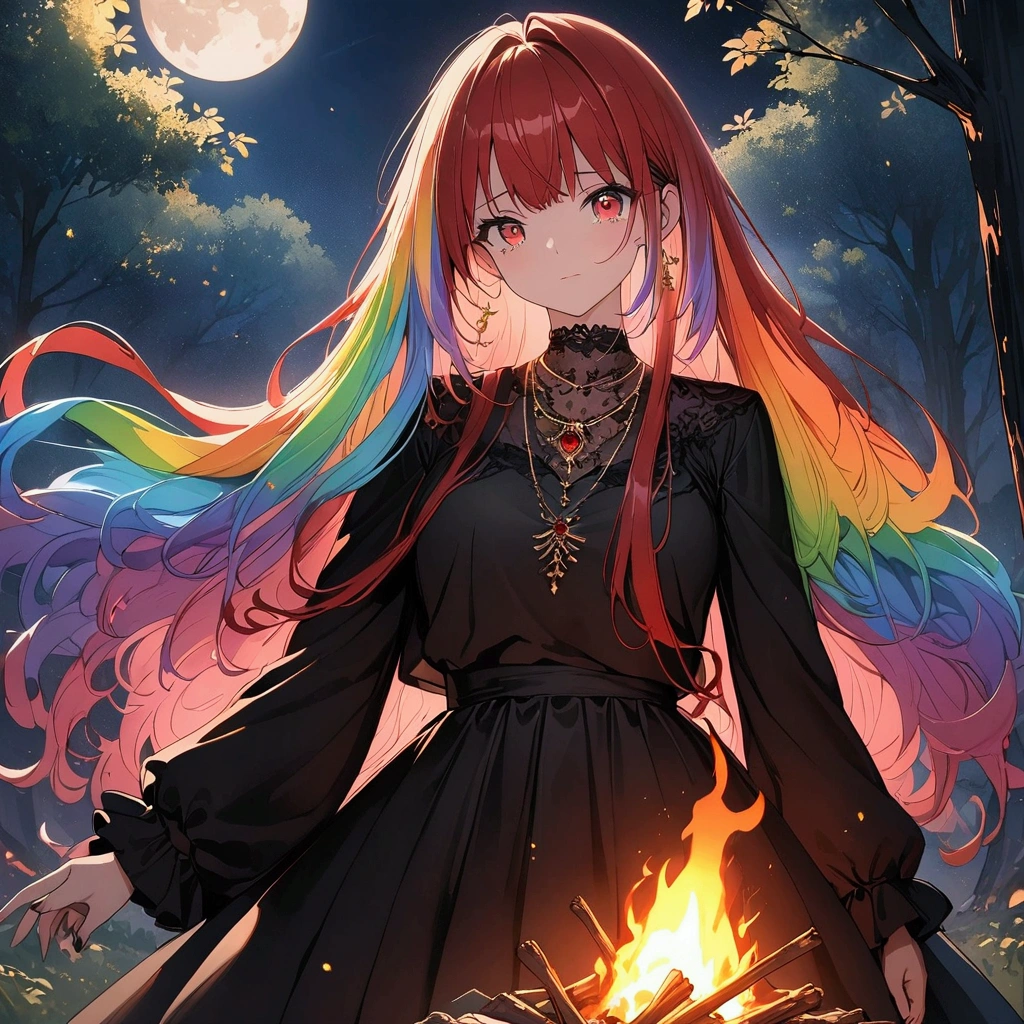 (((anime))) One Woman,Warrior with a sword,Long Hair,(Rainbow Hair),Bangs parted in the center,necklace ((Red eyes)),Big Eyes,Tears: Hero&#39;s Clothes,The Legend of Zelda,in the forest,Bonfire,night,full moon,star,Backlight,masterpiece,Highest quality,Exquisite,8k,Absurd,Ultra-fine illustrations,(View your audience)