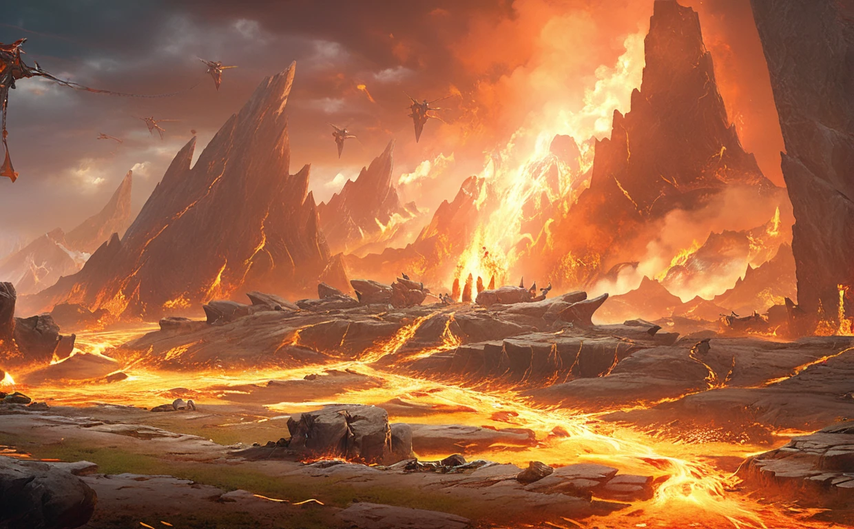 Scene concept, enough field, 3D Rendering, Ultra-sharp details, masterpiece, high quality, enough, landscape, unmanned, fire, Sky, cloud, Orange theme, rock, protruding，fire焰山，Boss battle scene，There is a large disc in the middle