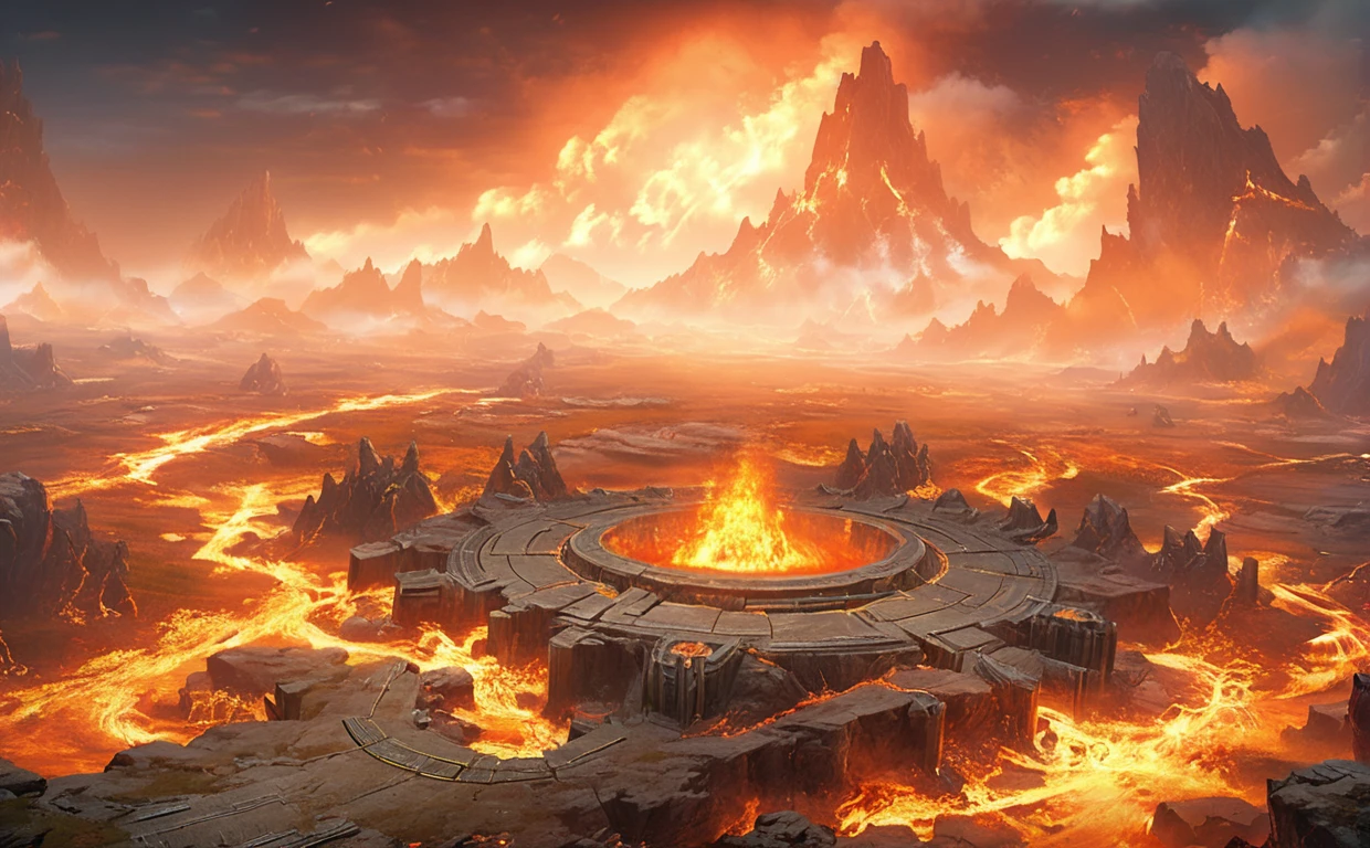 Scene concept, enough field, 3D Rendering, Ultra-sharp details, masterpiece, high quality, enough, landscape, unmanned, fire, Sky, cloud, Orange theme, rock, protruding,fire焰山,Boss battle scene,There is a large disc in the middle