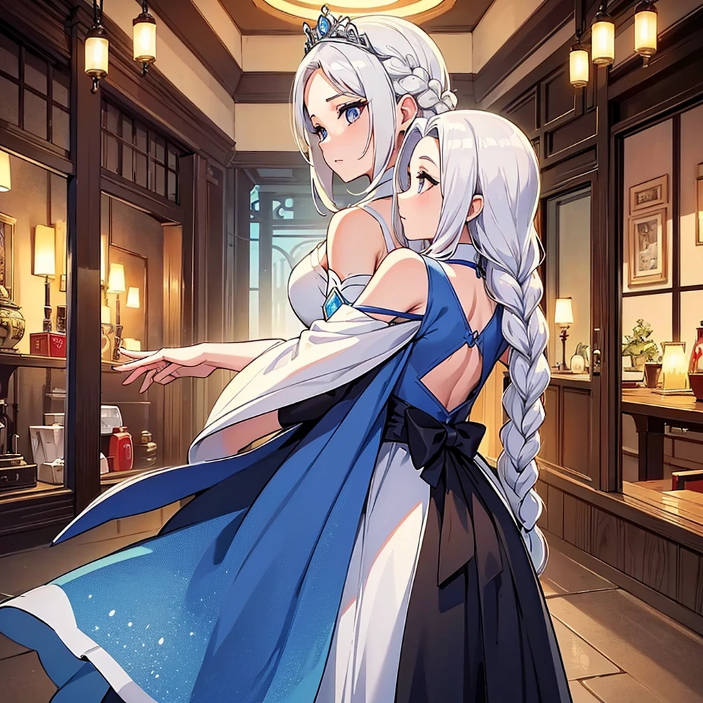 ((((Solo))))、(((((From the back、back view、Rear view))))、Highest quality, Best Quality、middle ages、(((白いGorgeous dress))、(Mature Woman、Mother、40 years old)、(White Hair、Middle Reason、Does not touch the forehead、Dumpling、Braid)、(princess、Queen of the West)、(Gorgeous dress、Shoulder)、tiara、(city)、wave hands、(White background)