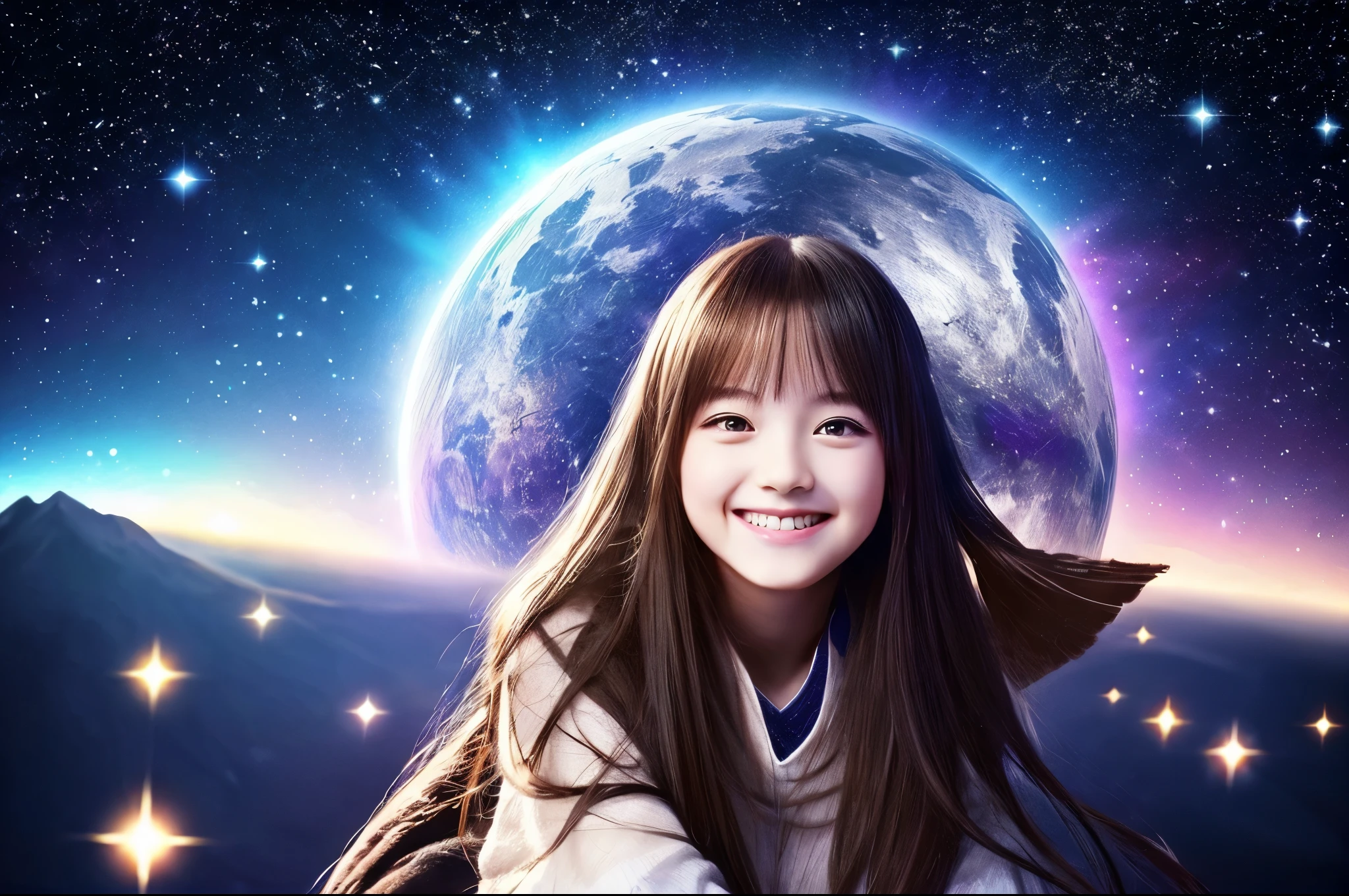 Highest quality masterpiece detailed A super cute girl is sitting with a smile The background is space dramatic Photo style Fantasy