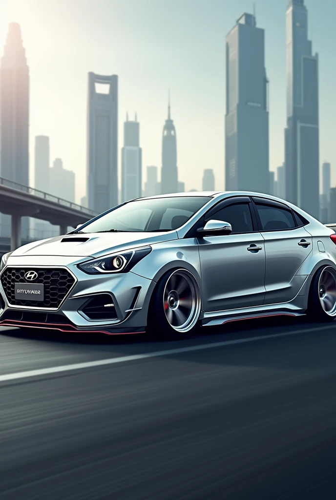 hyundai verna 2012 silver color. Create a modified version with sporty futuristic look.