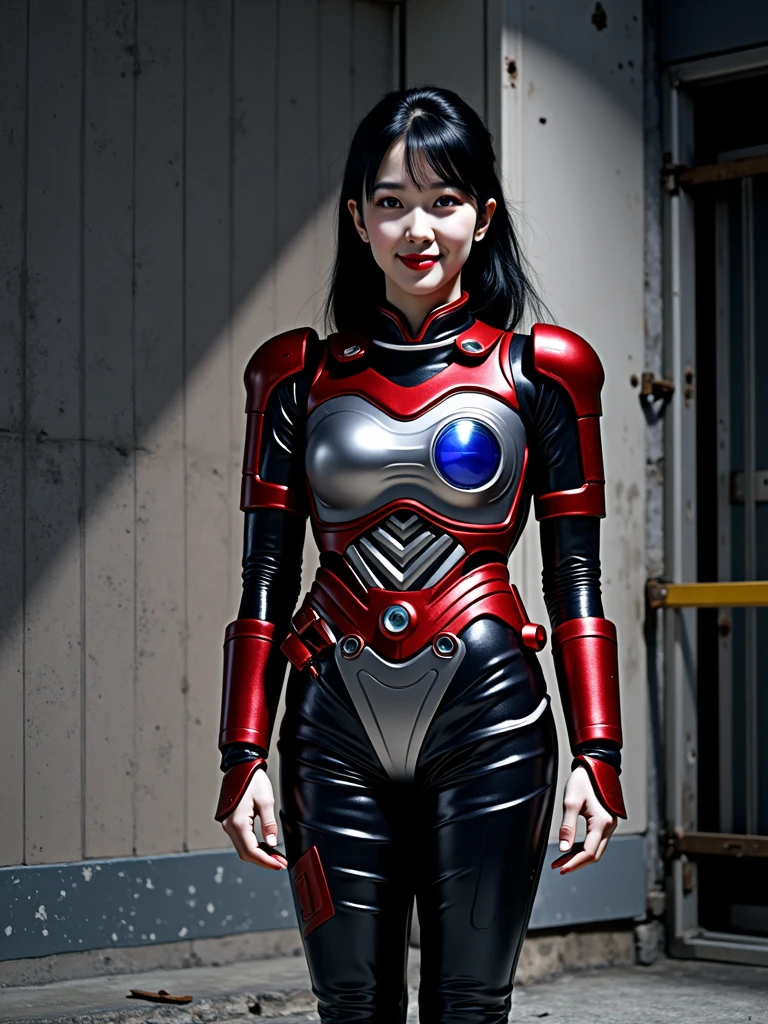 A beautiful 2 busty former idol Japanese woman wearing red and silver metallic powered armor is standing with a smile。High quality images。