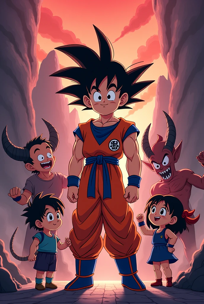 Cartoon of Goku in hell with the children and demons 