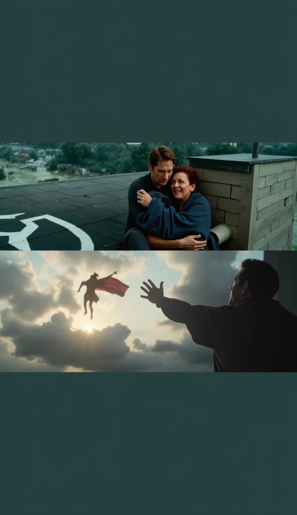 Imagine an image that contains two overlapping scenes, apparently taken from a movie.
Top Scene:
It shows three people on top of a roof during a flood.
On the left, a man sits holding a dog on his lap. He is wearing a dark long-sleeved shirt.
On the right, there is an elderly woman wrapped in a blue blanket, who appears emotional and looks at the sky with an expression of hope or relief.
The water around you is murky and flowing, indicating a flood or natural disaster.
On the roof there is a white mark that appears to be a distress message.
Lower Scene:
The focus is on the same elderly woman from the top scene, seen from behind as she extends her hand toward the sky.
In the sky, partially covered by clouds, Superman is seen with a flowing cape, silhouetted against the sunlight.
The woman's posture and the direction of her gaze suggest that she is seeking help or watching the flying hero.