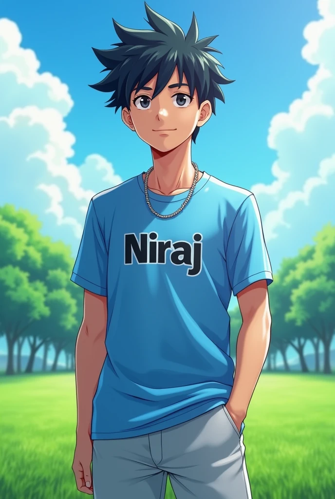 A 3D anime 20 year boy wearin sky colour jersey and silver colour lower, standing in a green field, write Niraj on his dress, wearing a silver chain in his neck