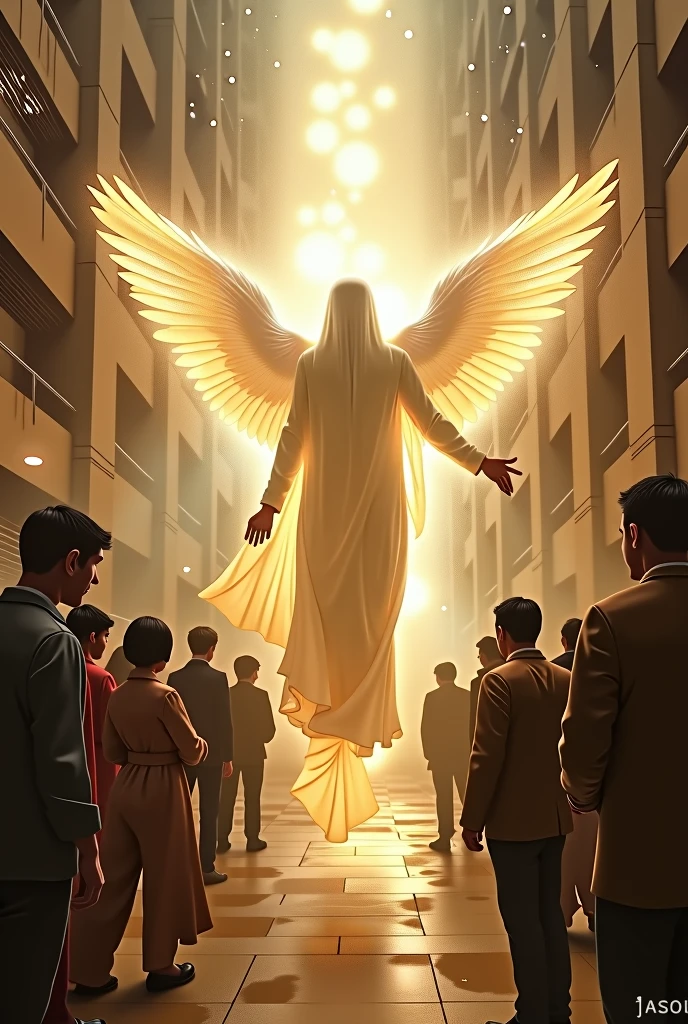 "The Transfiguration" in a contemporary environment: A divine figure with its back turned, transfiguring itself in the midst of a modern and everyday environment, with a heavenly glow, symbolizing divine presence and revelation in people's daily lives. The image must be in the style of Renaissance paintings, and all people must look to the divine figure.