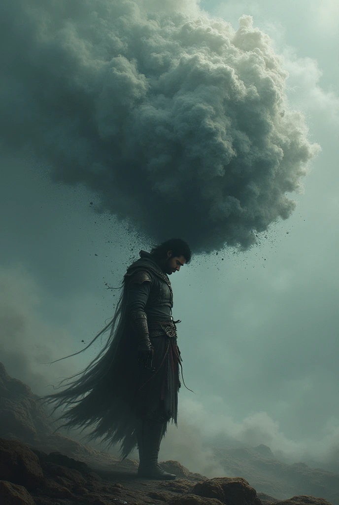 A warrior bothered by the cloud of thoughts above his head