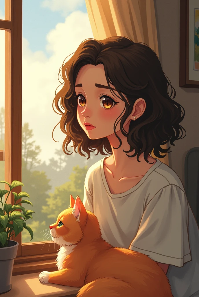 Draw a light brown-skinned woman with curly hair, Brown eyes and a little chubby with a sweet face and although a little sad, contemplating a landscape through the window of his room with his orange cat at his side. anime style