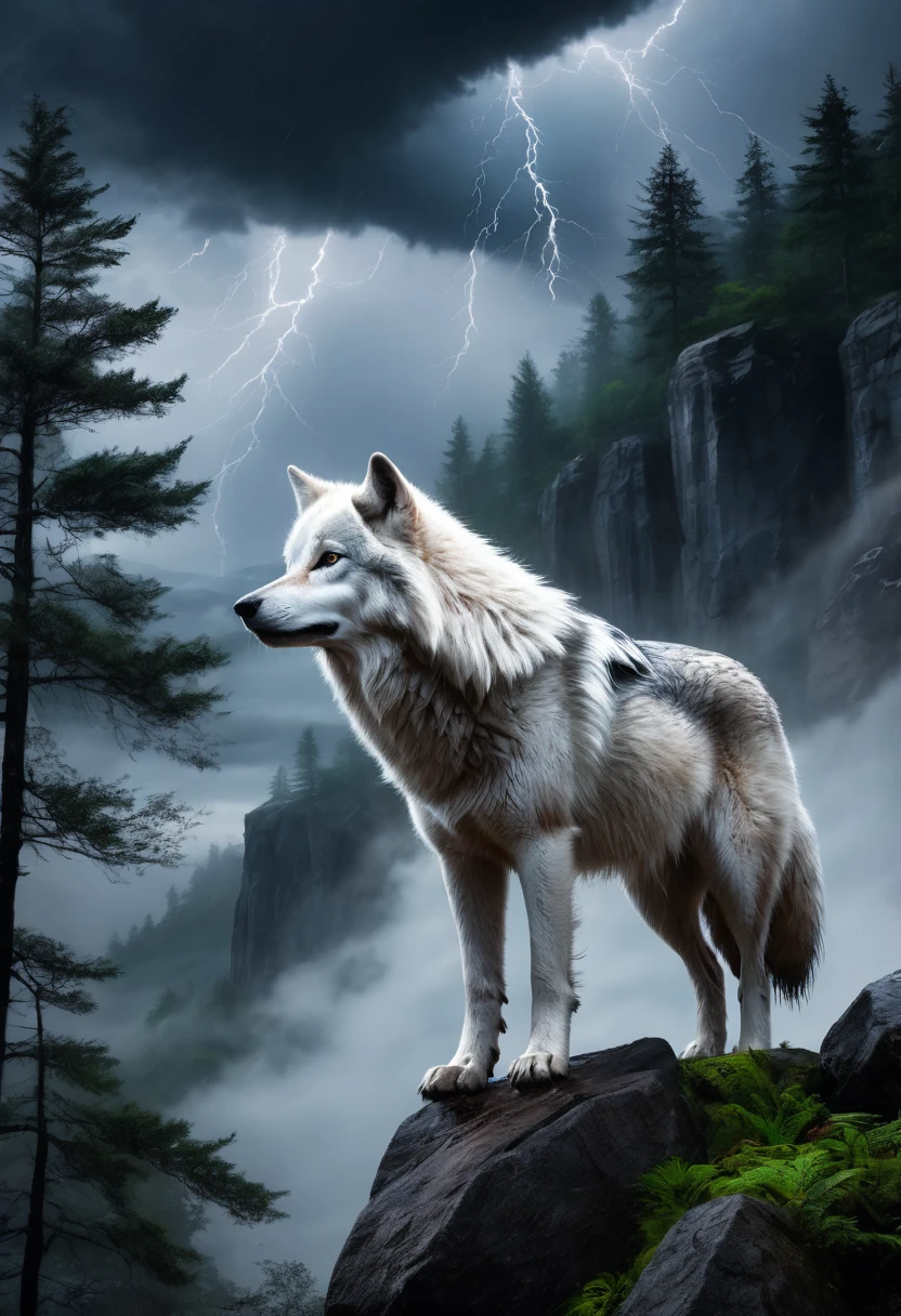 a white wolf,Look up and howl、 howling in the distance, on a cliff in the forest, stormy night, heavy rain, distant painting, (best quality,4K,8k,highres,masterpiece:1.2),ultra-detailed,(realistic,photorealistic,photo-realistic:1.37),dramatic lighting, moody atmosphere, cinematic composition, dramatic clouds, wind blowing through trees, wet rocks, mist rising, howling wolf, lone wolf, rocky cliffs, nature landscape, dark forest, storm clouds, heavy rainfall