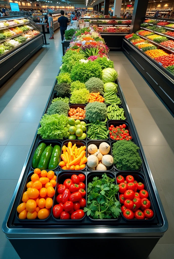 A vegetable display case inside a supermarket horizontal top view 20 meters high