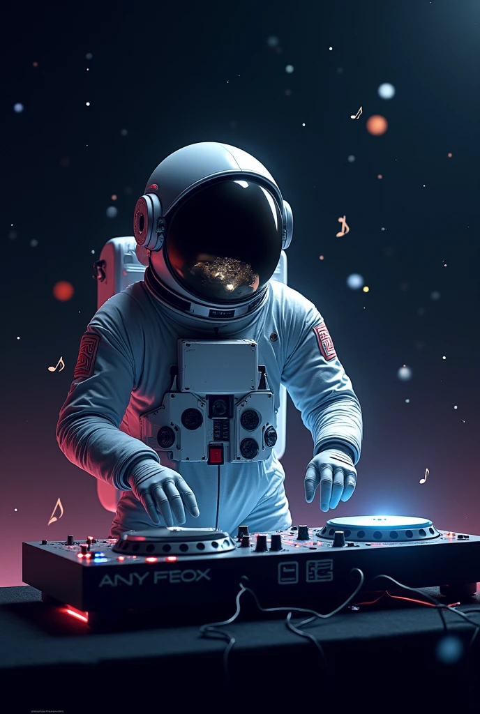 An astronaut in space with a DJ deck and headphones and some music notes in the background. You can also include some stars