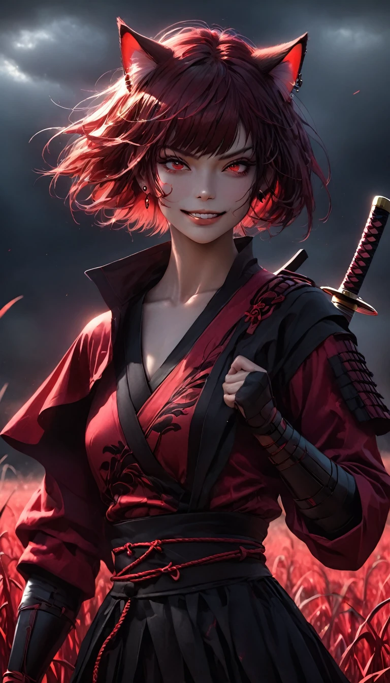 A beautiful woman wearing a crimson ronin outfit, striking a samurai pose with her hand on the sword at her waist, her tousled red short hair blowing in the wind. She has cat-like eyes and ears, a mischievous grin, and a piercing red gaze, standing alone in a field of deep crimson susuki grass under a dark, hazy sky with a blood-red sun. (best quality,4k,8k,highres,masterpiece:1.2),ultra-detailed,(realistic,photorealistic,photo-realistic:1.37),highly detailed face and eyes,beautiful detailed lips,extremely detailed face,long eyelashes,detailed outfit,dynamic pose,dramatic lighting,moody atmosphere,vibrant colors,cinematic,dark fantasy