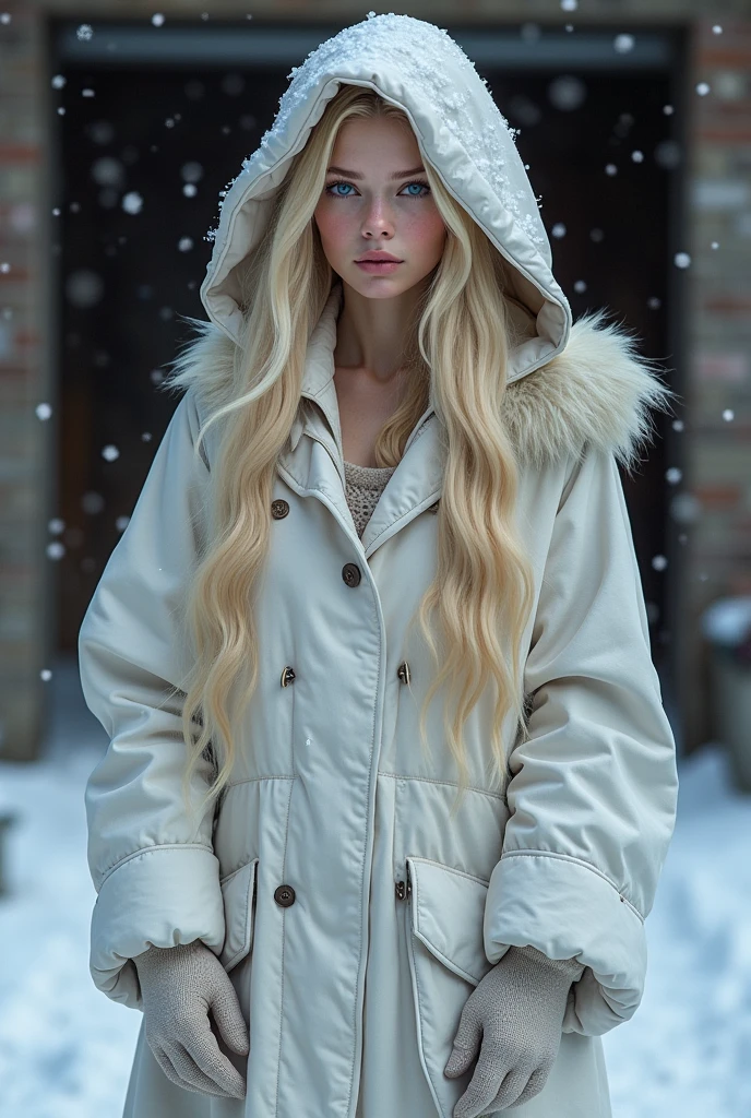 Create a realistic image of a 20 year old woman, long blond hair, blue eyes, cheekbones, ((full body)),disguised as a snow queen, background image: her garage, head feet, full body, hyper realistic photo
